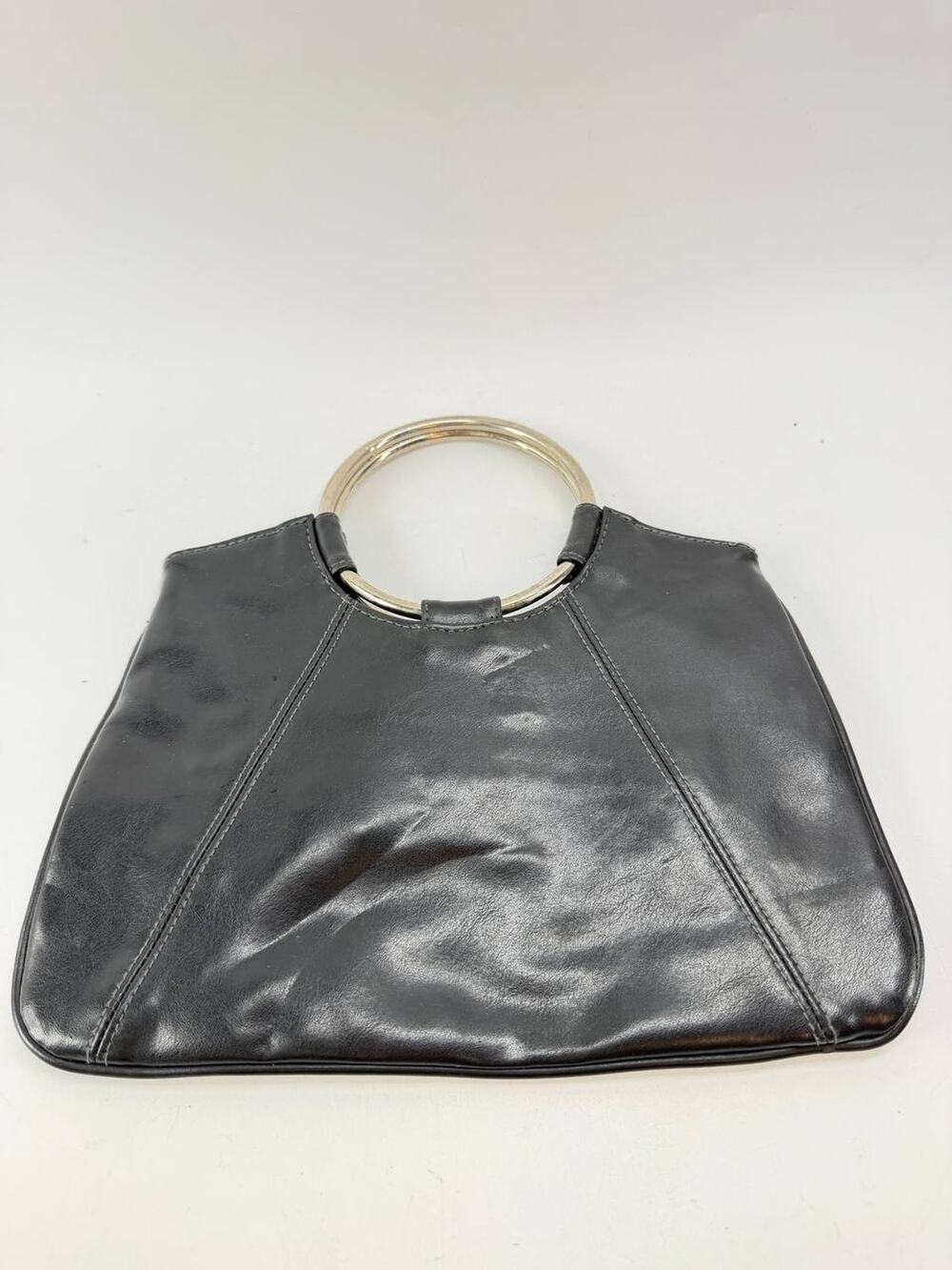 Giannini Black Ring Handle Clutch Purse Faux Leather Evening Handbag